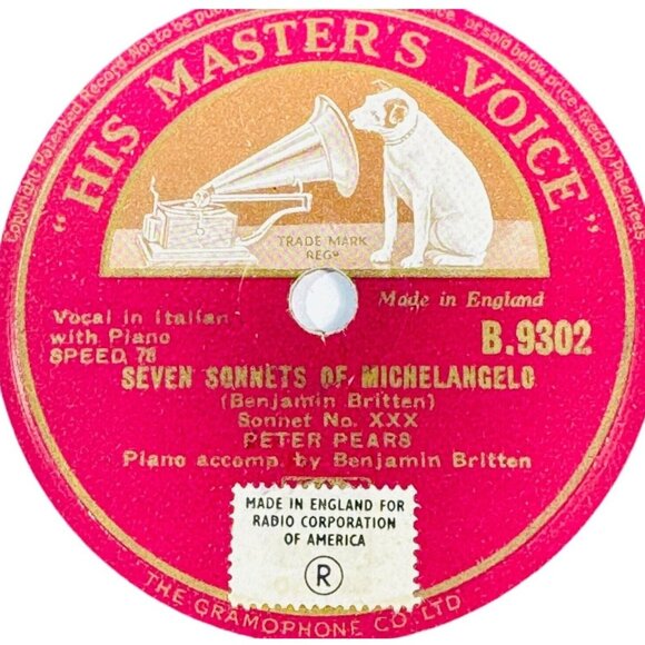 Peter Pears Seven Sonnets Of Michelangelo 10in Shellac 78 RPM HMV B.9302 Vintage - Picture 2 of 4